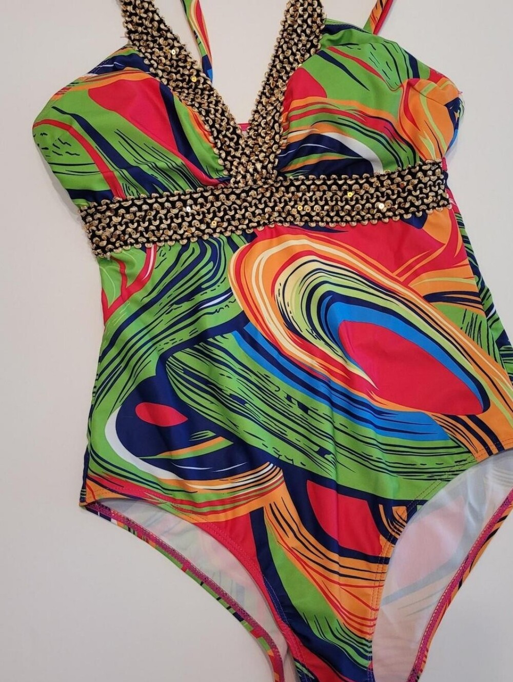 Womens Bright Tropical Swirl One-Piece Swimsuit - Green/Multi